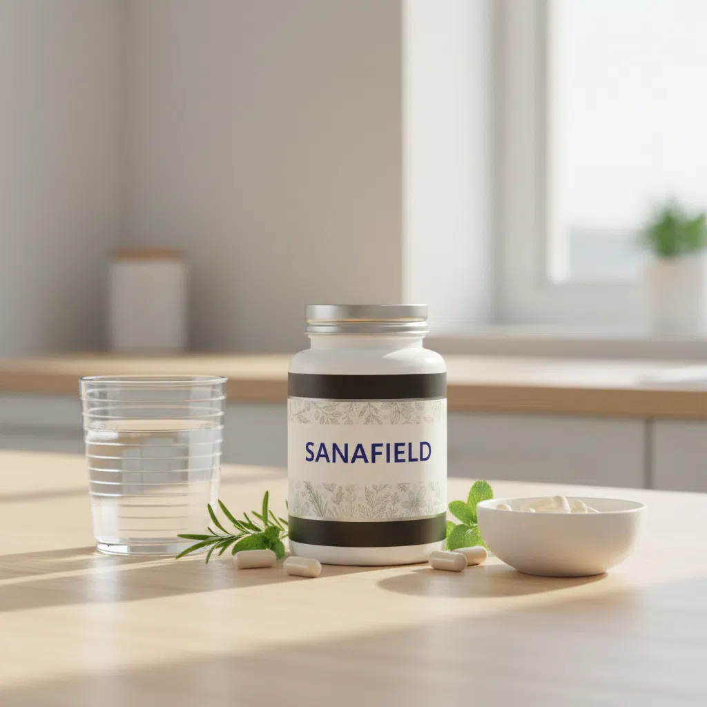 SanaField glazen pot met houten deksel op keukentafel naast een glas water
